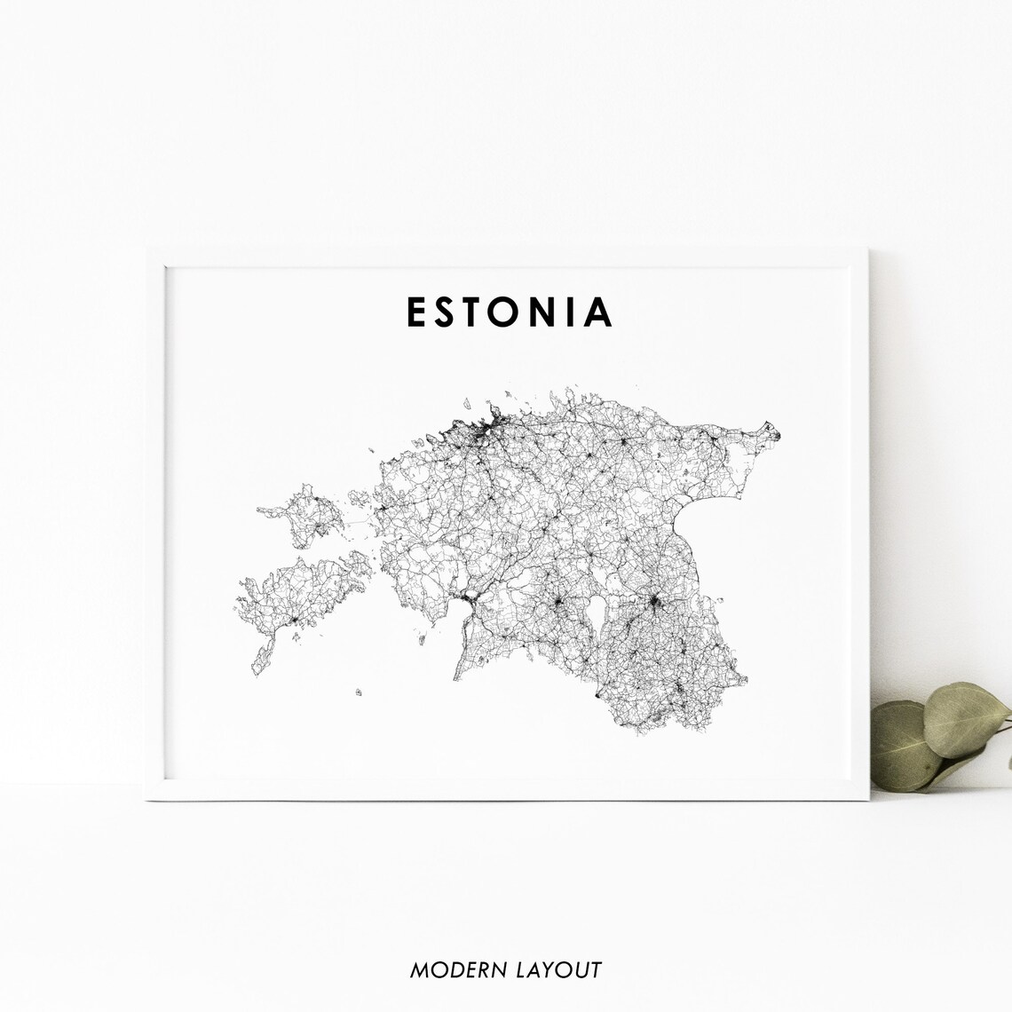Estonia Country Minimalist Black Line Road Map Modern White Poster