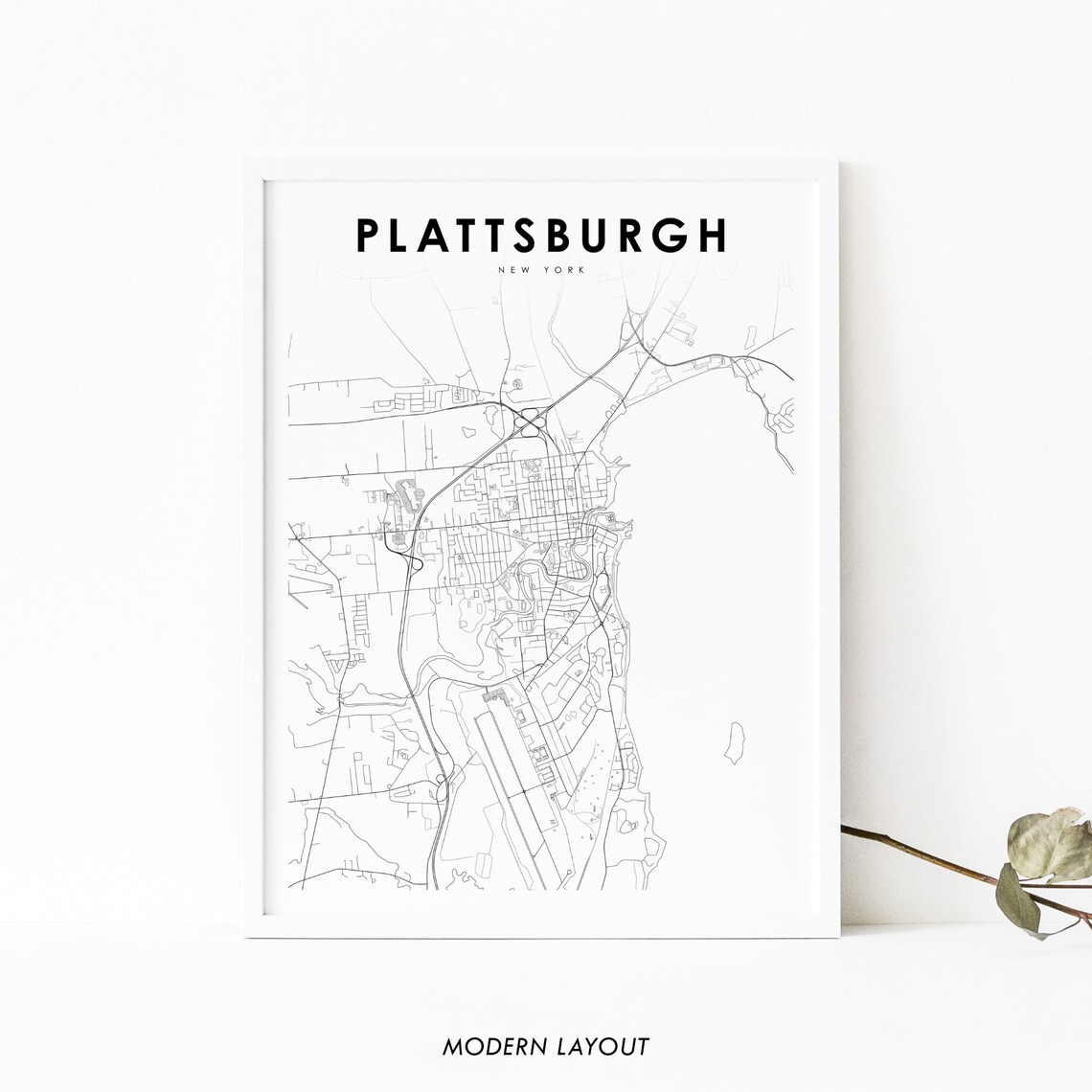 Plattsburgh New York USA City Street Map Modern Minimalist Black Poster