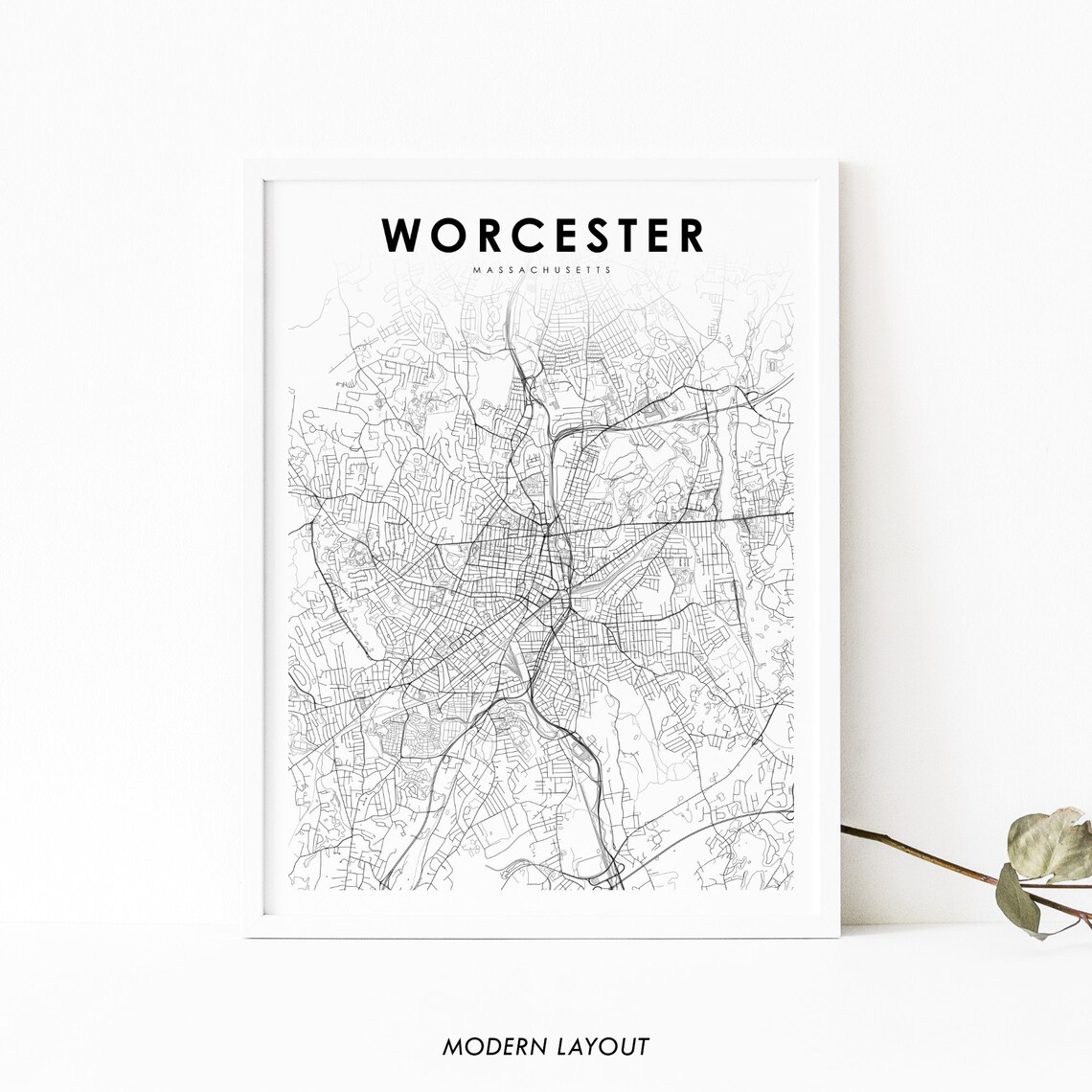 Worcester MA Map Print, Massachusetts City Poster
