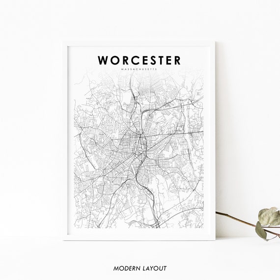 Worcester MA Map Print, Massachusetts City Poster