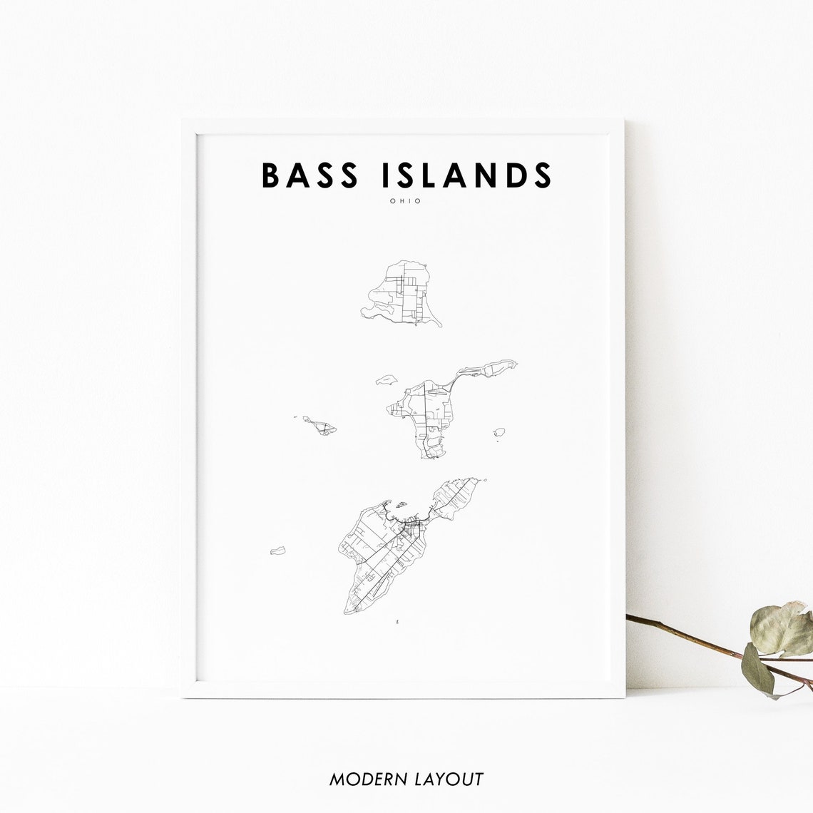 Bass Islands Ohio Minimalist Street Map Black and White Art Print