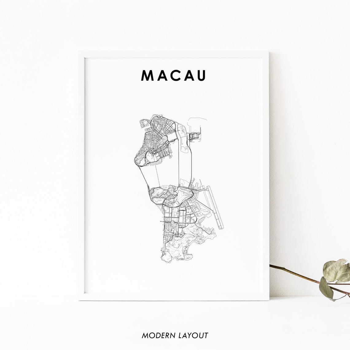 Macau Minimalist City Street Map Modern Black White Wall Art