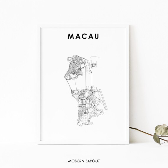 Macau Minimalist City Street Map Modern Black White Wall Art