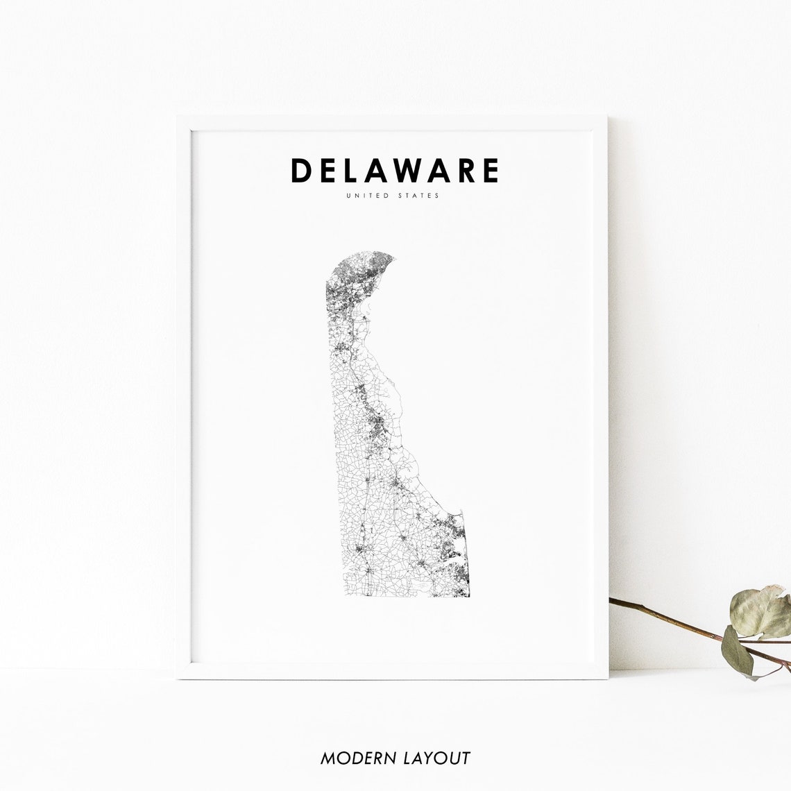 Delaware State Map Minimalist Modern White Road Line Art Poster