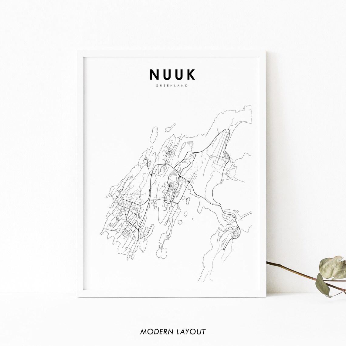 Nuuk Greenland Minimalist Black and White City Street Map Poster