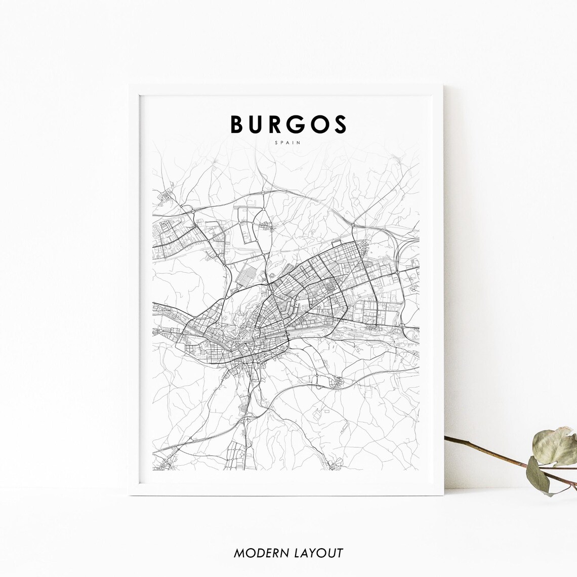Burgos Spain Minimalist Black and White City Street Map Poster