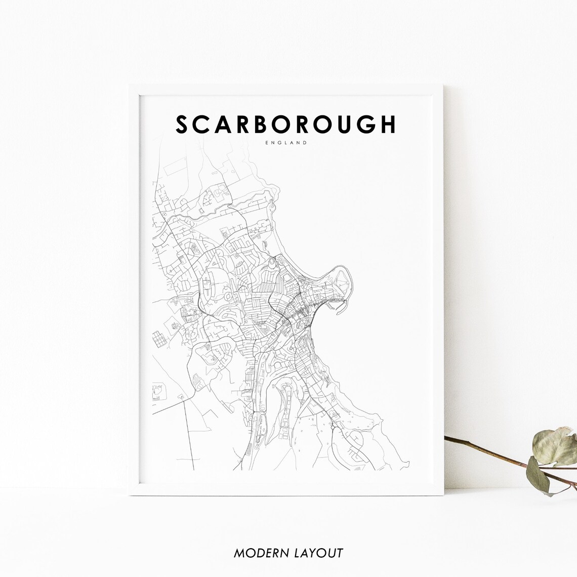 Scarborough England Minimalist Black and White City Map Poster