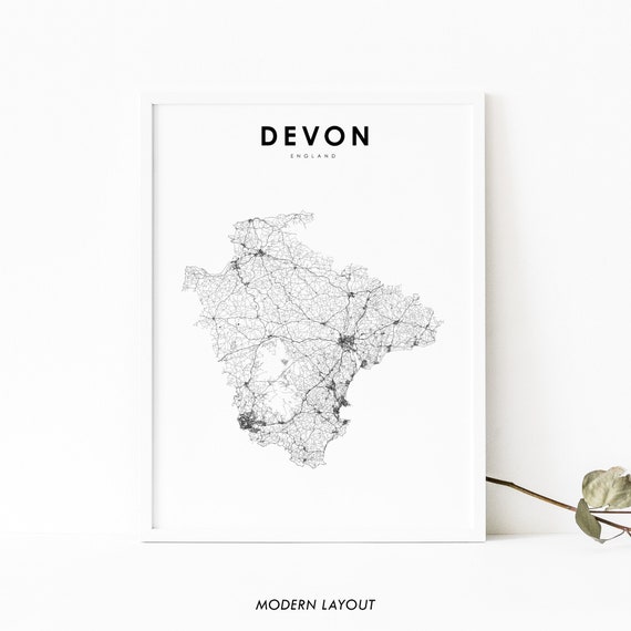 Devon England Map Print, UK Road Art Poster