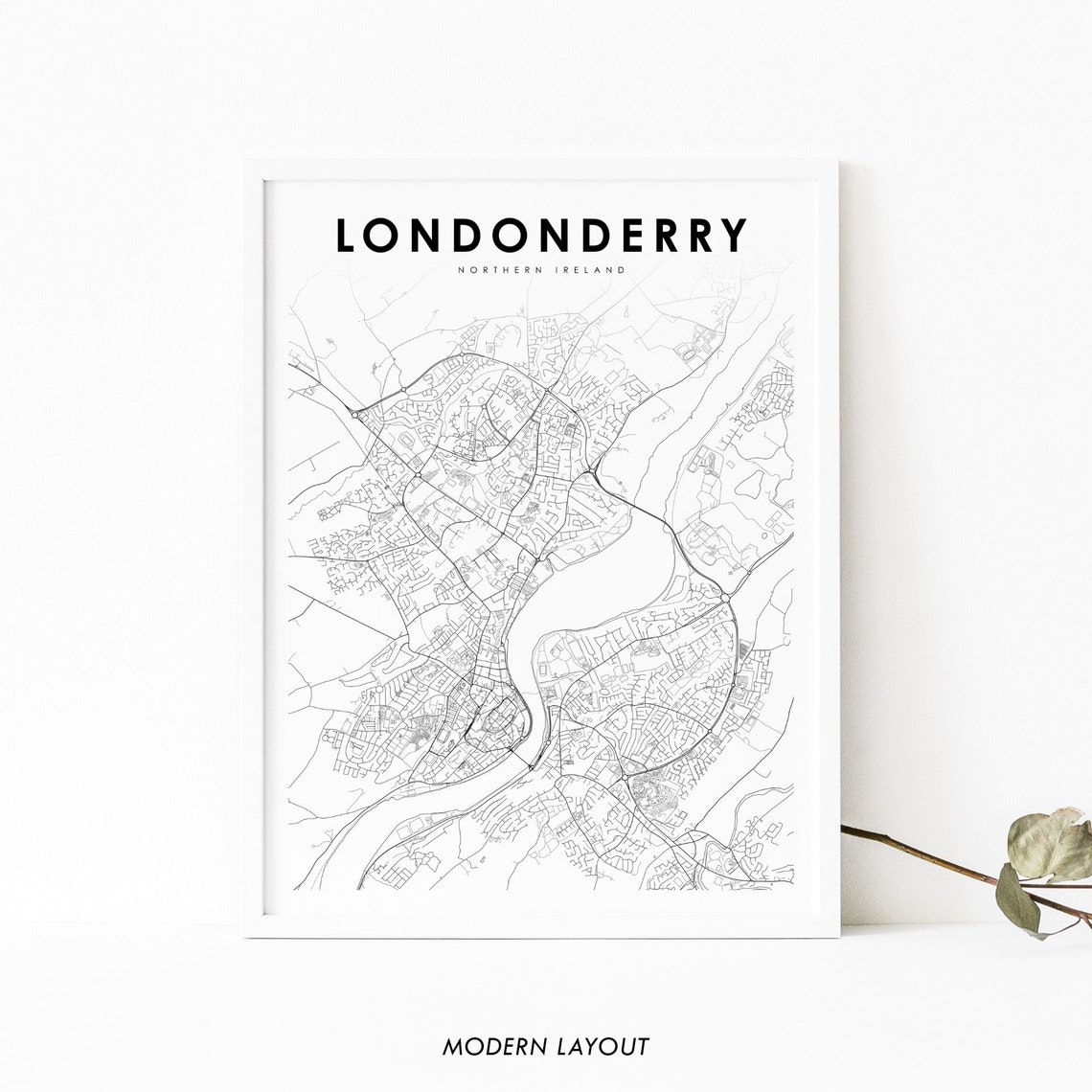 Londonderry Northern Ireland City Map Black Line Art Map Poster