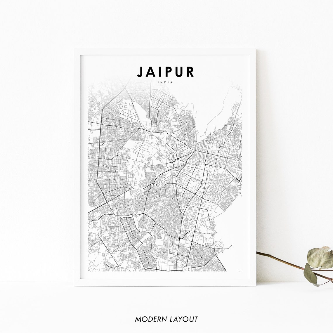 Jaipur India City Street Map Minimalist Black and White Wall Art