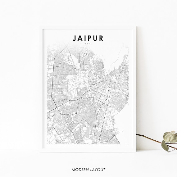 Jaipur India City Street Map Minimalist Black and White Wall Art