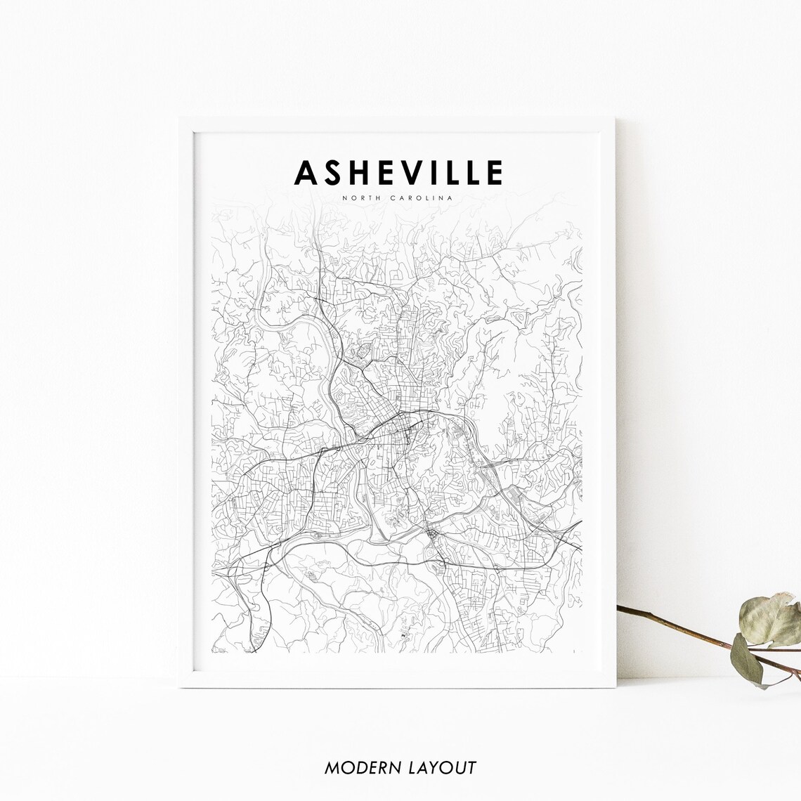 Asheville North Carolina Street Map Modern Minimalist City Wall Art