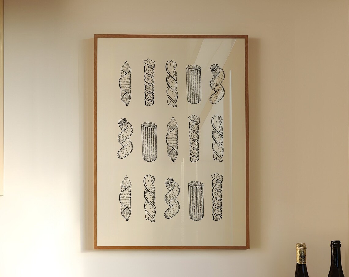 Pasta Shapes Vintage Line Illustration Italian Kitchen Art Poster