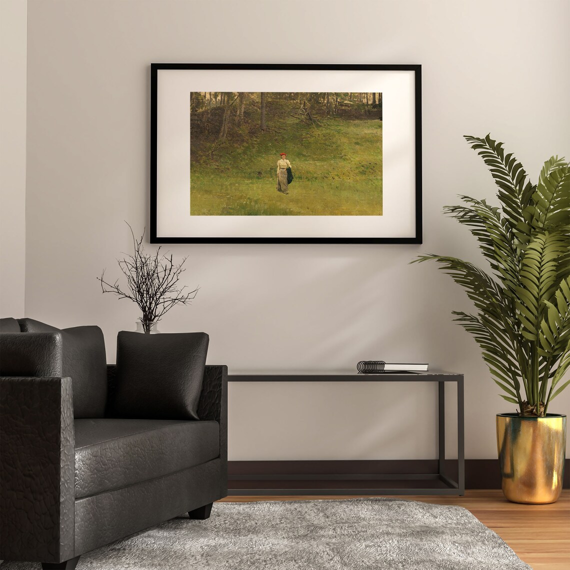 Lady Walking in Green Meadow Red Cap Vintage Landscape Poster - Image 2