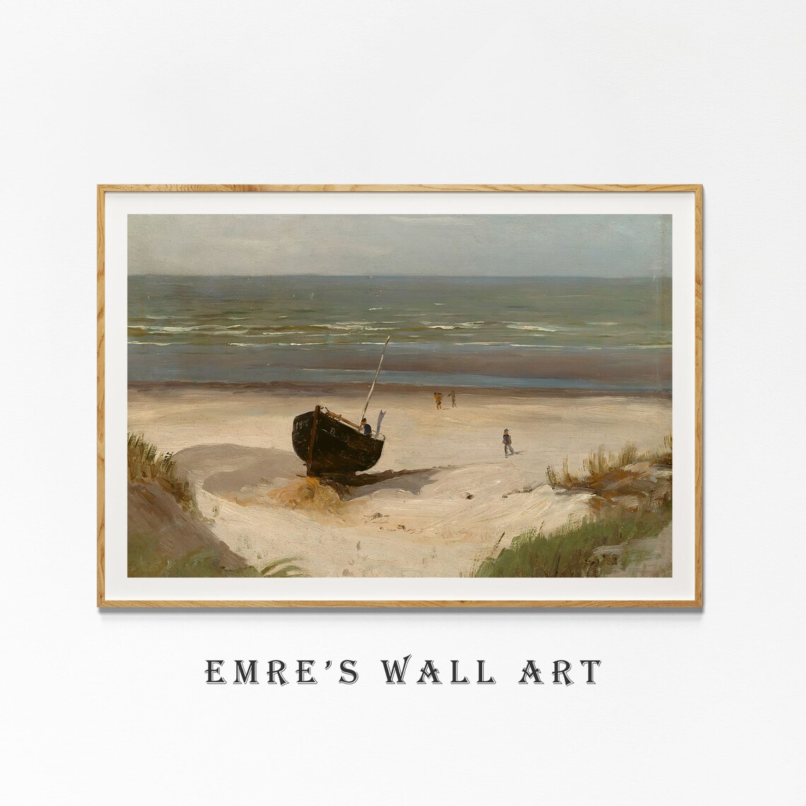 Muted Coastal Beach Painting Beached Boat Figures Calm Sea Vintage Poster - Image 4