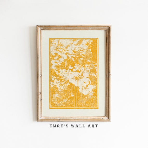 Yellow Floral Pattern Print Wildflowers, Rustic Decor