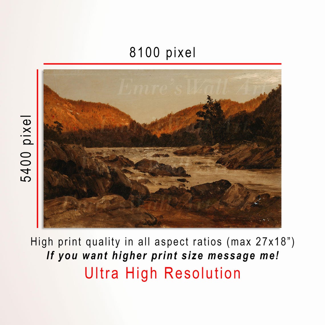 Rocky Mountain River with Golden Cliffs Vintage Painting Poster - Image 3