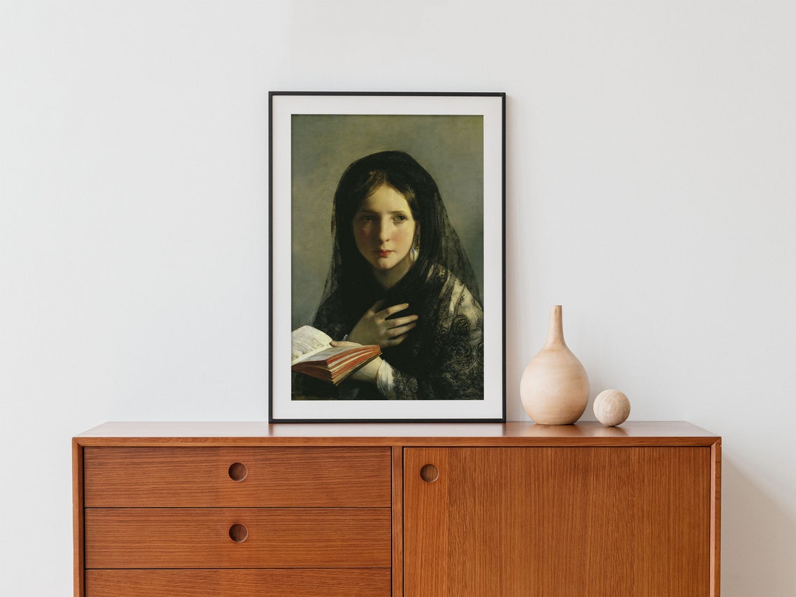 Woman in Black Veil Reading Book Classical Portrait Painting Poster - Image 2
