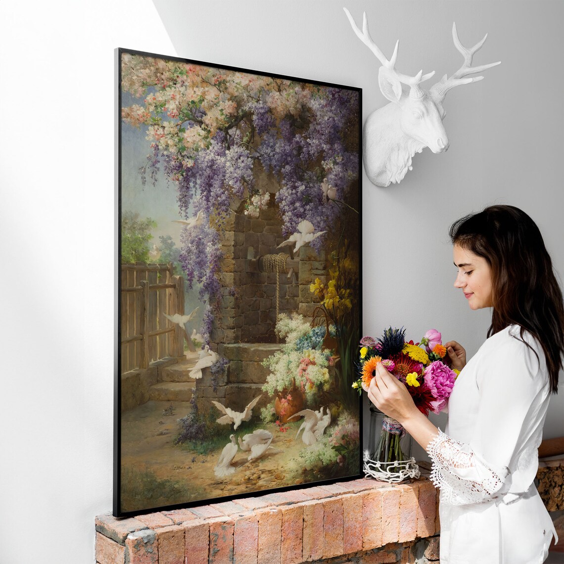 Vintage Garden Painting Stone Well Wisteria White Doves Flowers Poster - Image 2