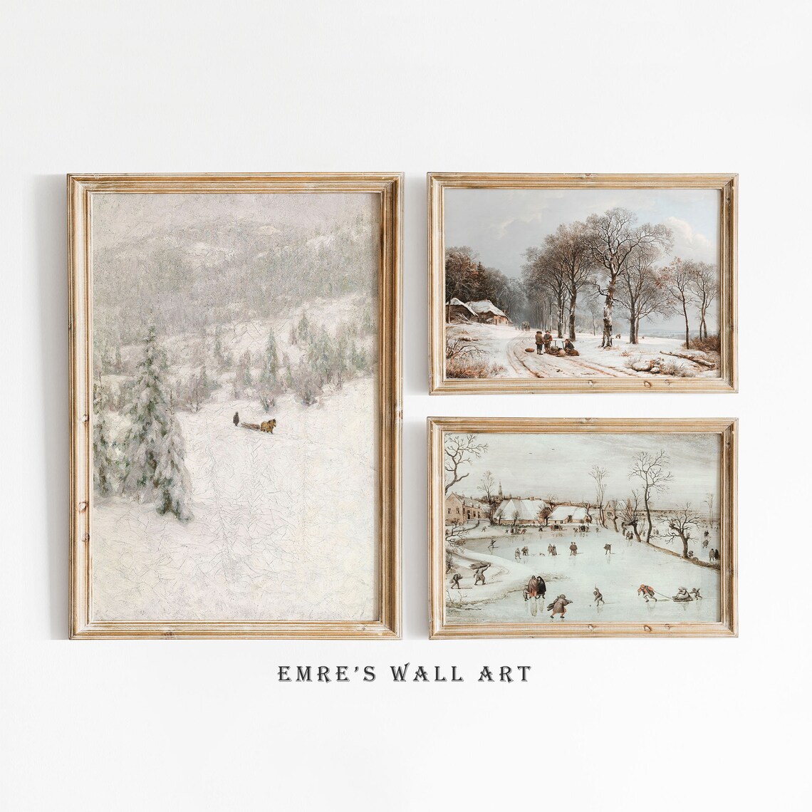 Set of 3 Vintage Winter Landscape Prints Snowy Forest Skaters Wall Art
