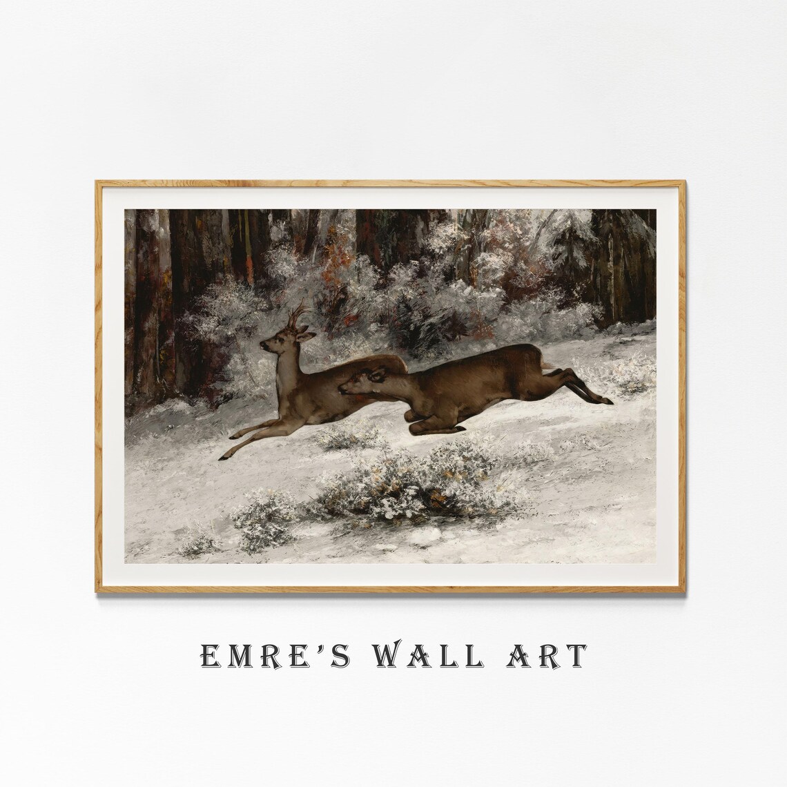Deer Leaping Through Snowy Forest Vintage Wildlife Painting Poster - Image 4