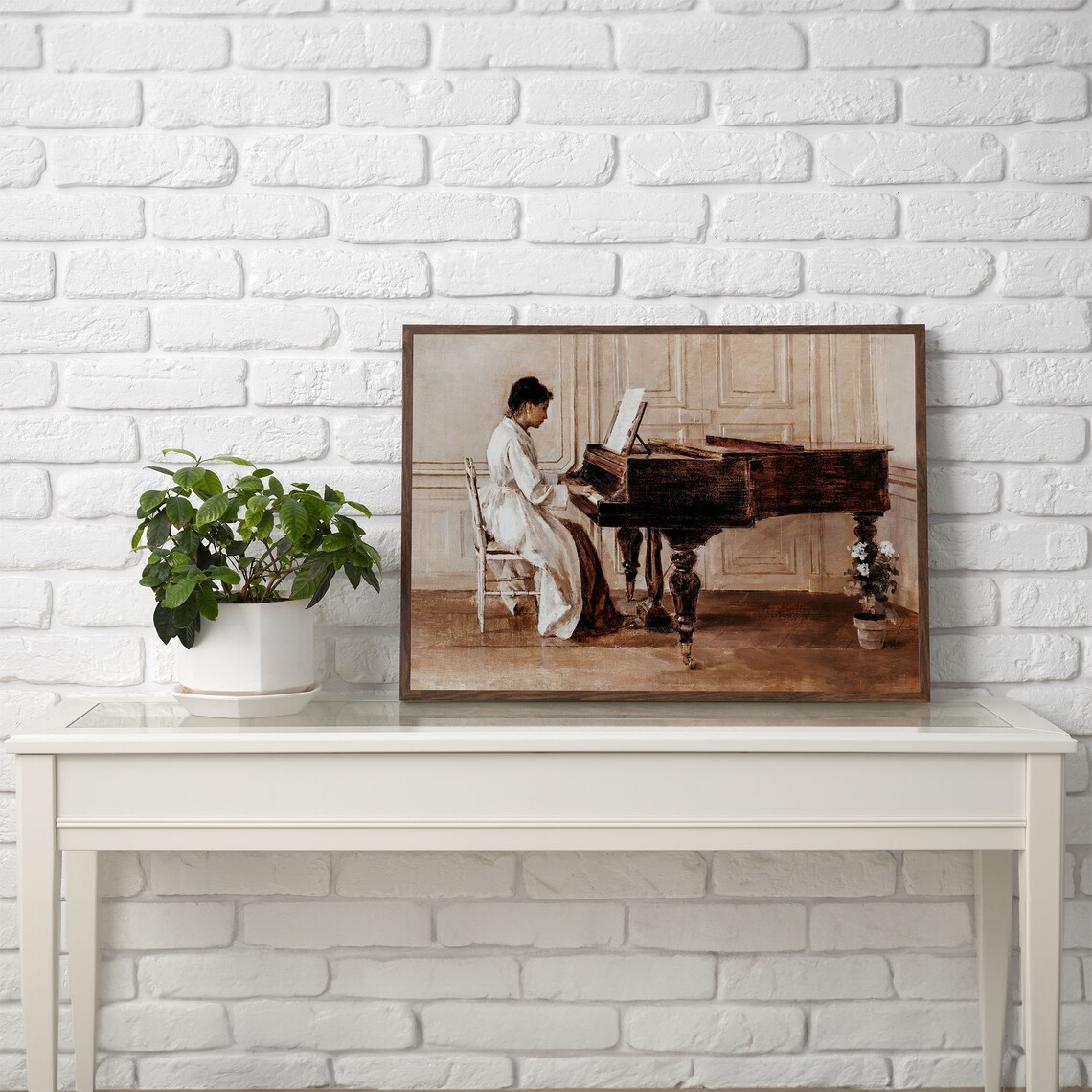 Woman Playing Grand Piano Vintage Parlor Scene Oil Painting Poster - Image 2