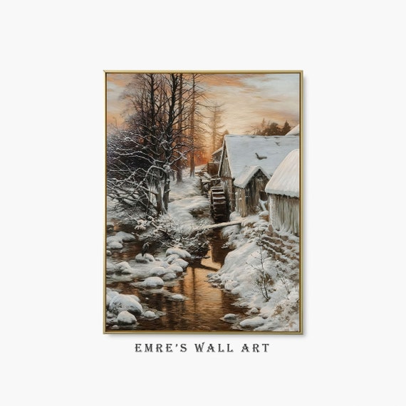 Vintage Winter Farmhouse Painting, Rustic Landscape Art Print