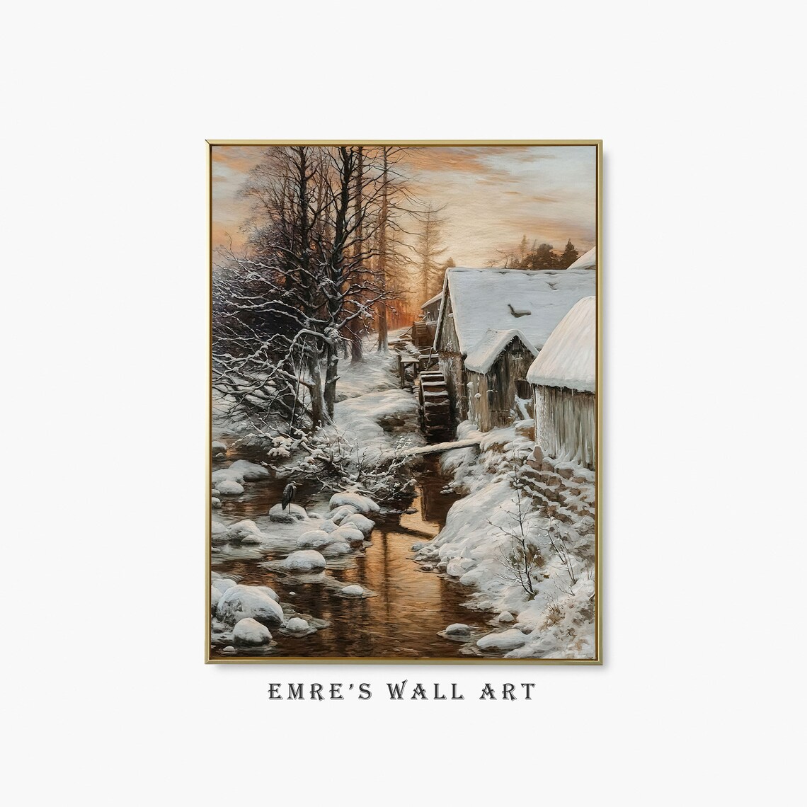 Vintage Winter Farmhouse Painting, Rustic Landscape Art Print