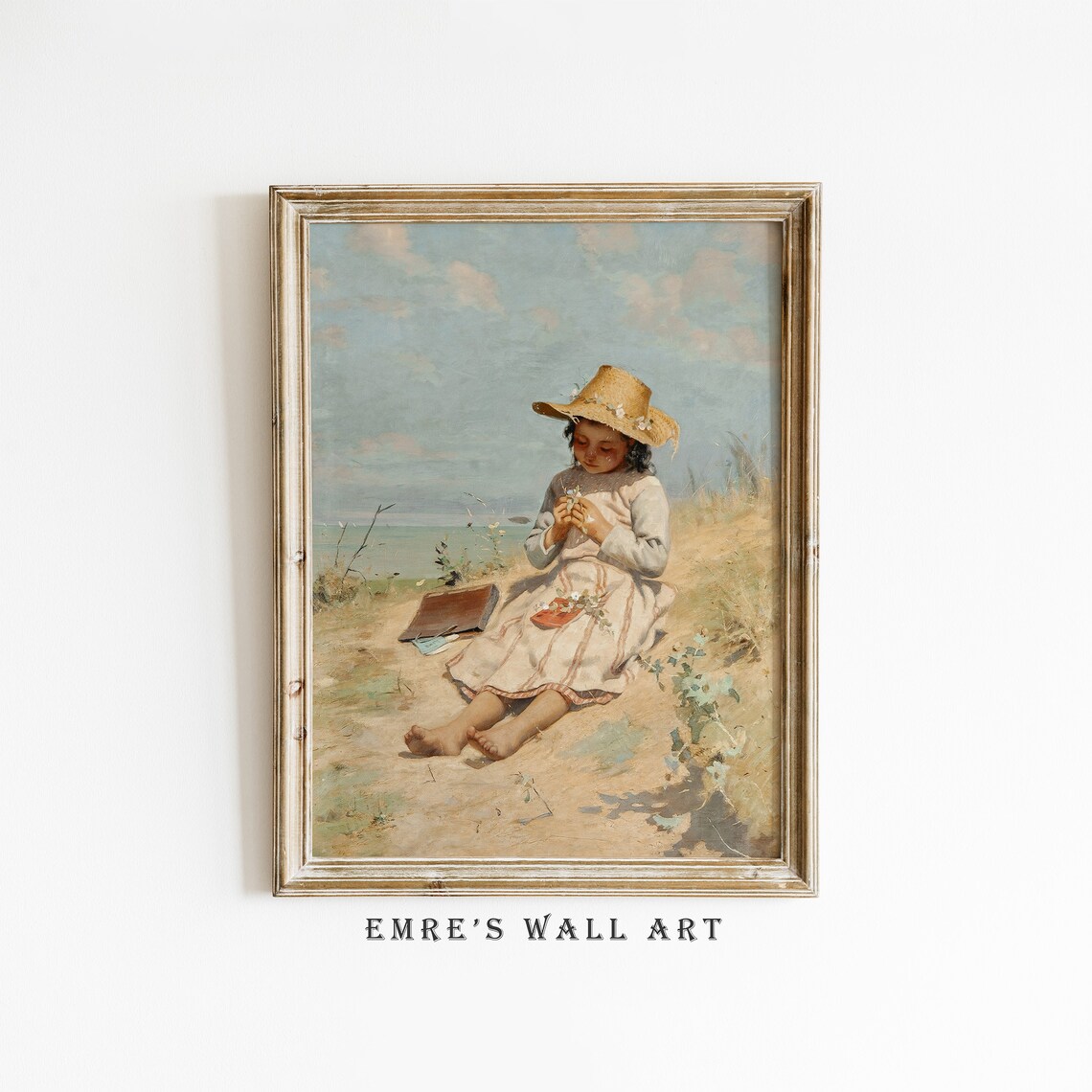 Vintage Girl in Straw Hat Seaside Beach Painting Flowers Summer Print