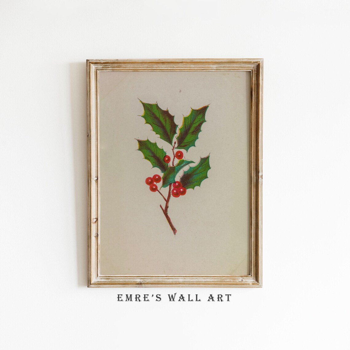 Holly Branch with Red Berries Vintage Christmas Botanical Poster