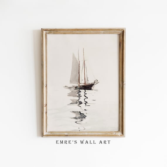 Minimalist Sailboat on Calm Water Soft Vintage Watercolor Poster