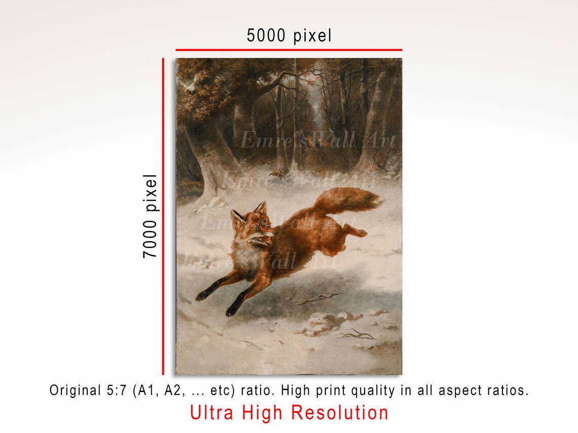 Red Fox Leaping In Snowy Forest Vintage Wildlife Painting Poster - Image 3