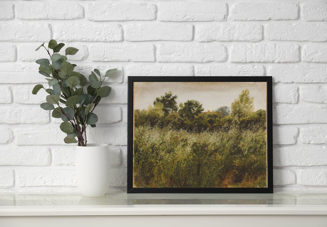Moody Green Meadow Landscape Oil Painting Wildflower Field Art Poster - Image 2