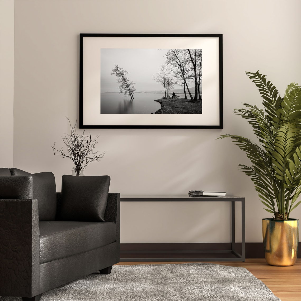 Black and White Lake Shore Solitude Monochrome Photo Artwork Poster - Image 2
