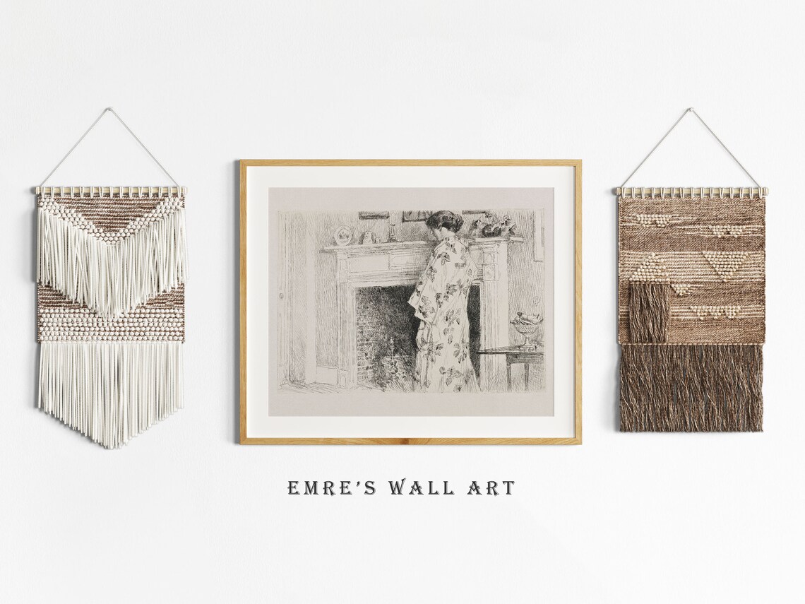 Woman By The Fireplace Antique Pencil Sketch Vintage Interior Print - Image 2