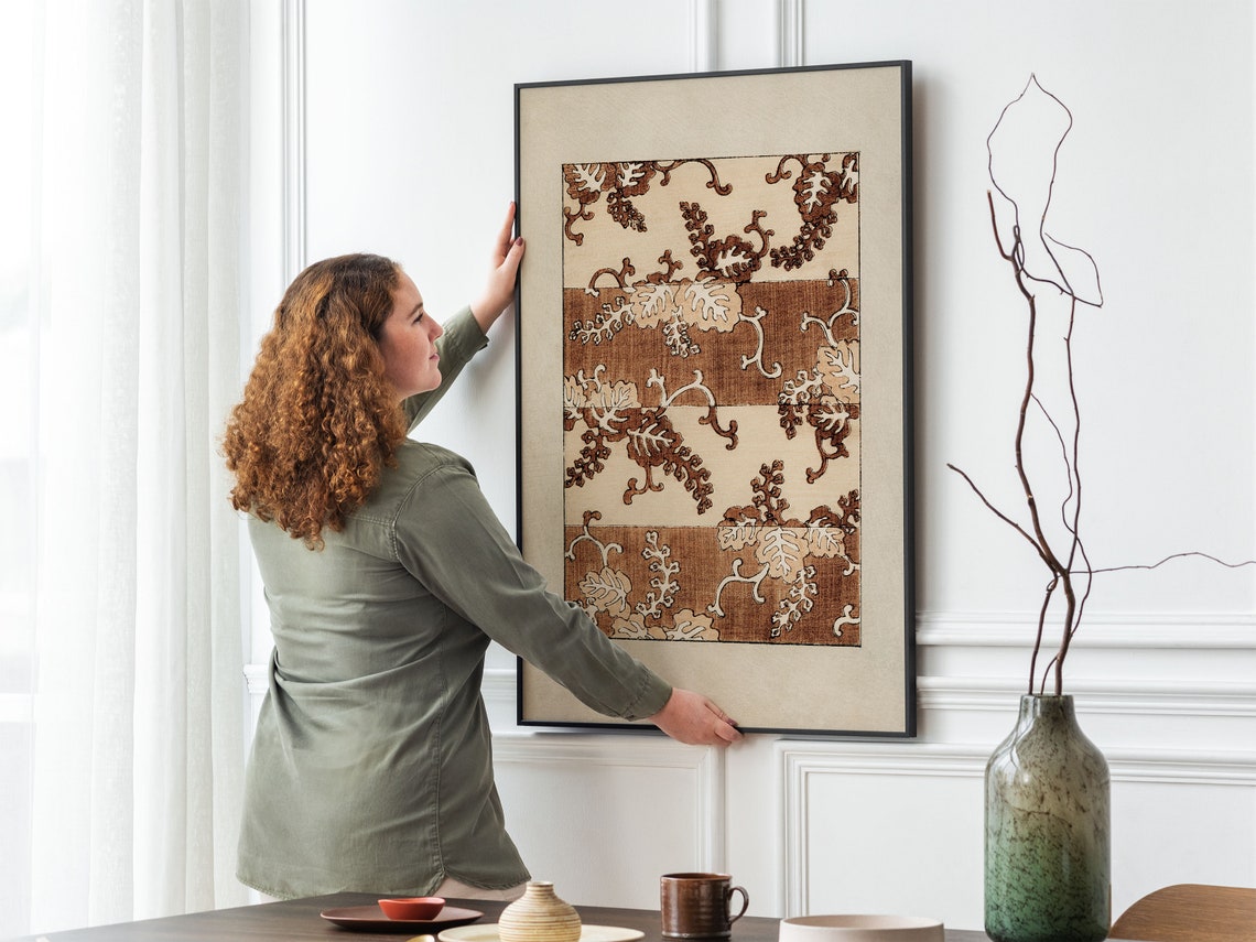 Vintage Brown Botanical Leaf Pattern Textile Stripe Design Art Poster - Image 2