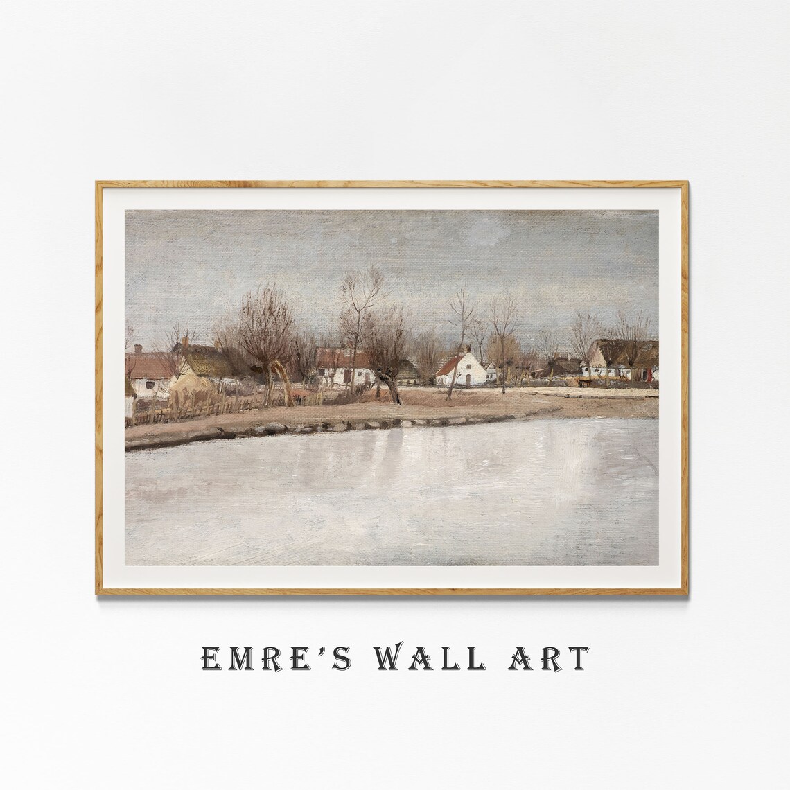 Vintage Village Pond Landscape Bare Trees Gray Sky Countryside Art Poster - Image 4