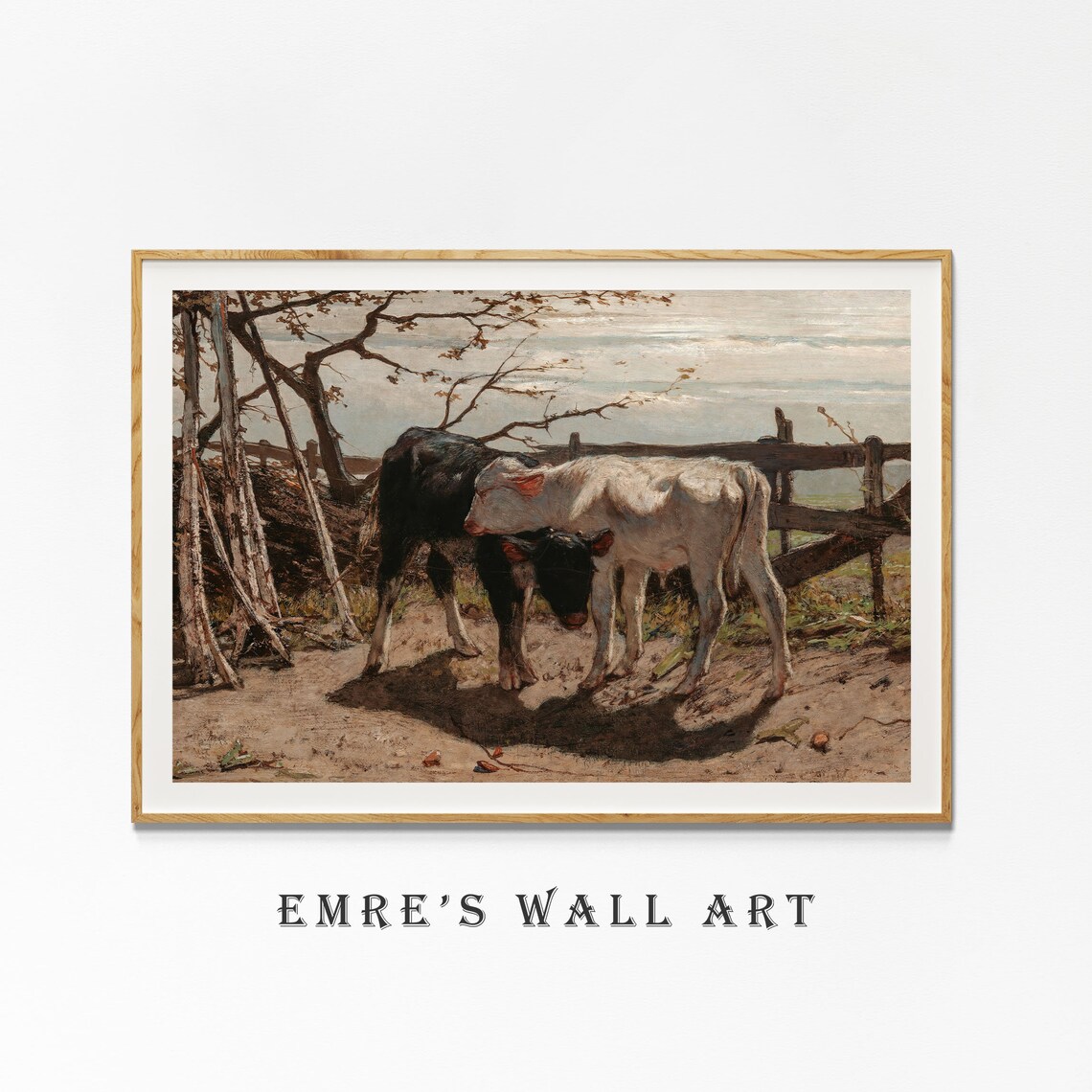 Two Calves by Wooden Fence Vintage Farmyard Oil Painting Poster - Image 4