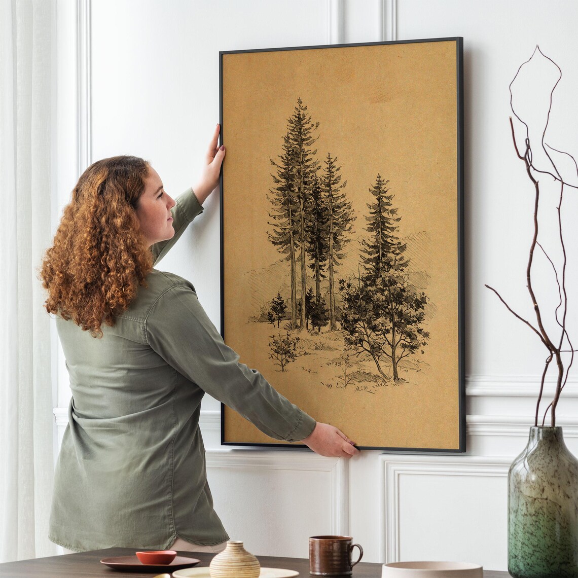 Tall Pine Trees Ink Sketch on Kraft Paper Vintage Nature Art Poster - Image 4