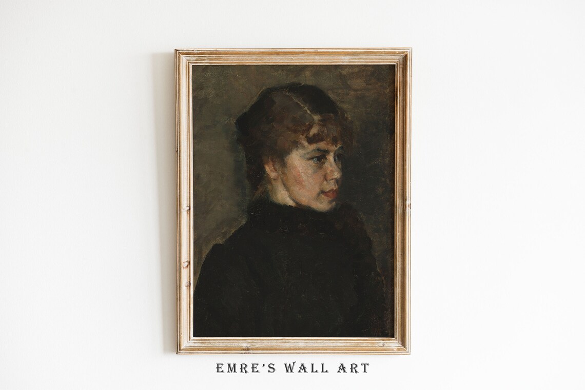 Moody Portrait of Young Woman with Brown Hair Vintage Oil Art Poster - Image 2