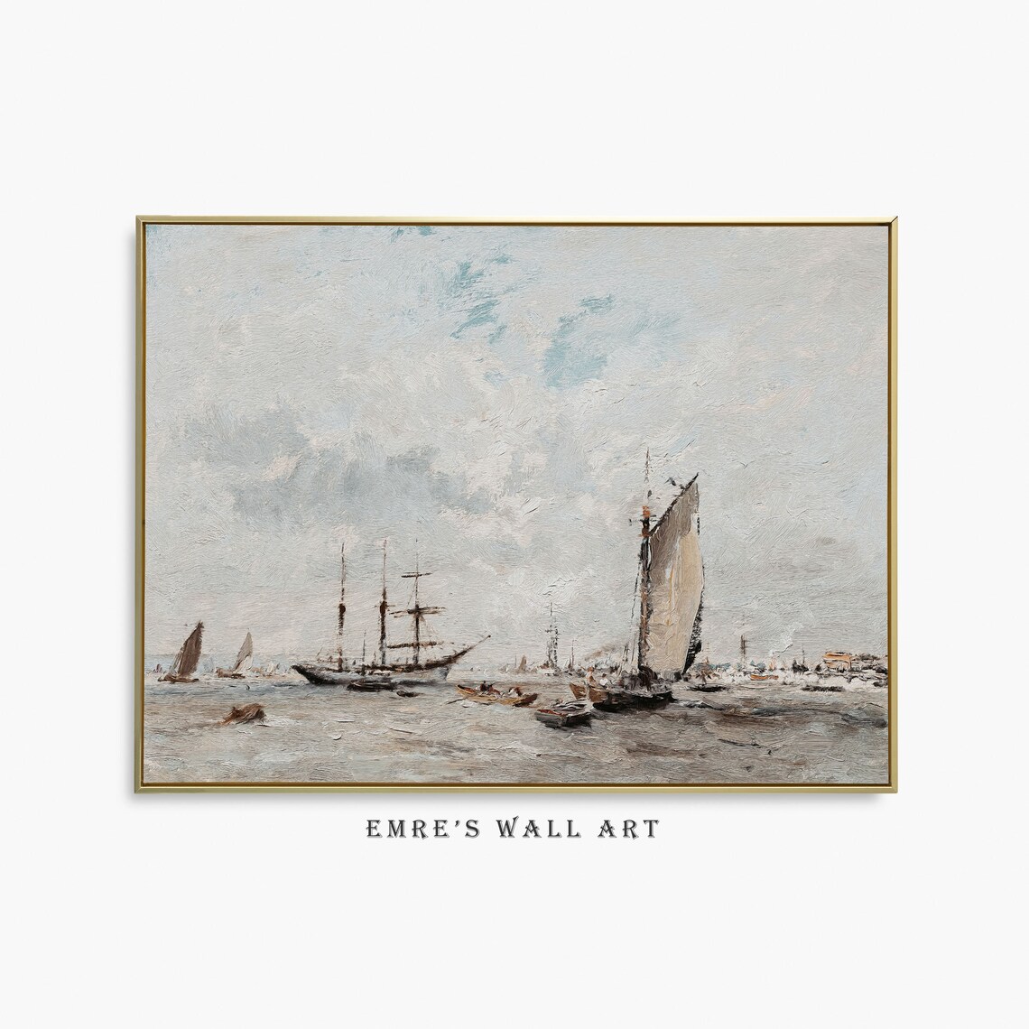 Vintage Tall Ships Seascape Soft Gray Ocean Painting Art Poster