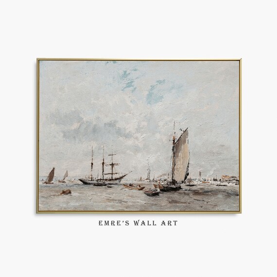 Vintage Tall Ships Seascape Soft Gray Ocean Painting Art Poster