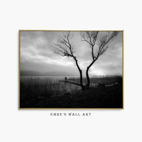 Black And White Landscape Photo, Rustic Lake Decor