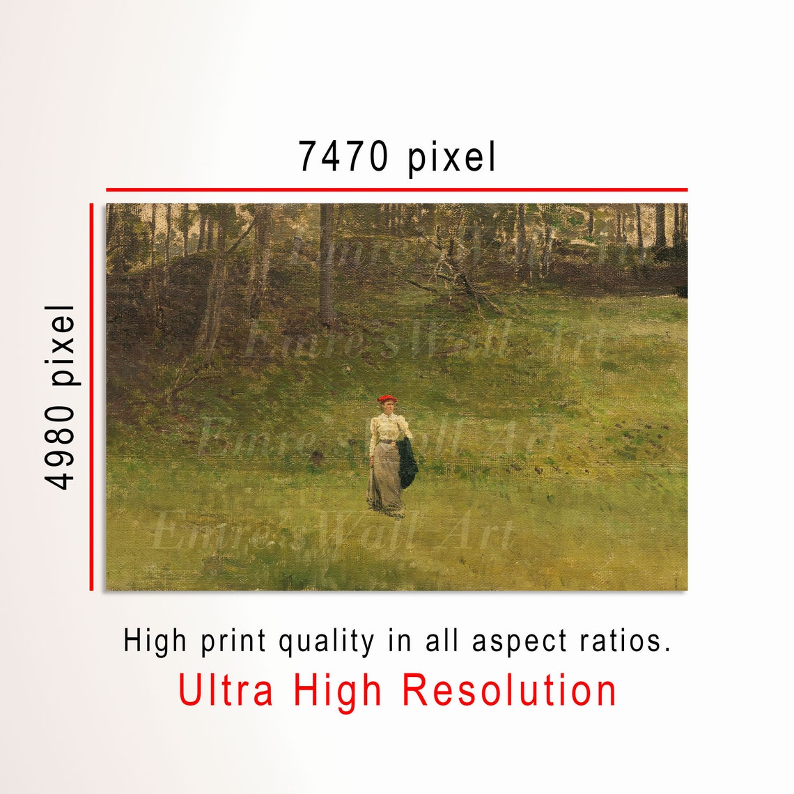 Lady Walking in Green Meadow Red Cap Vintage Landscape Poster - Image 3