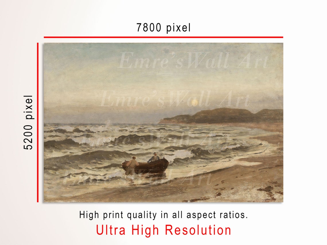 Fishermen Launching Boat Vintage Coastal Surf Sunset Scene Poster - Image 3