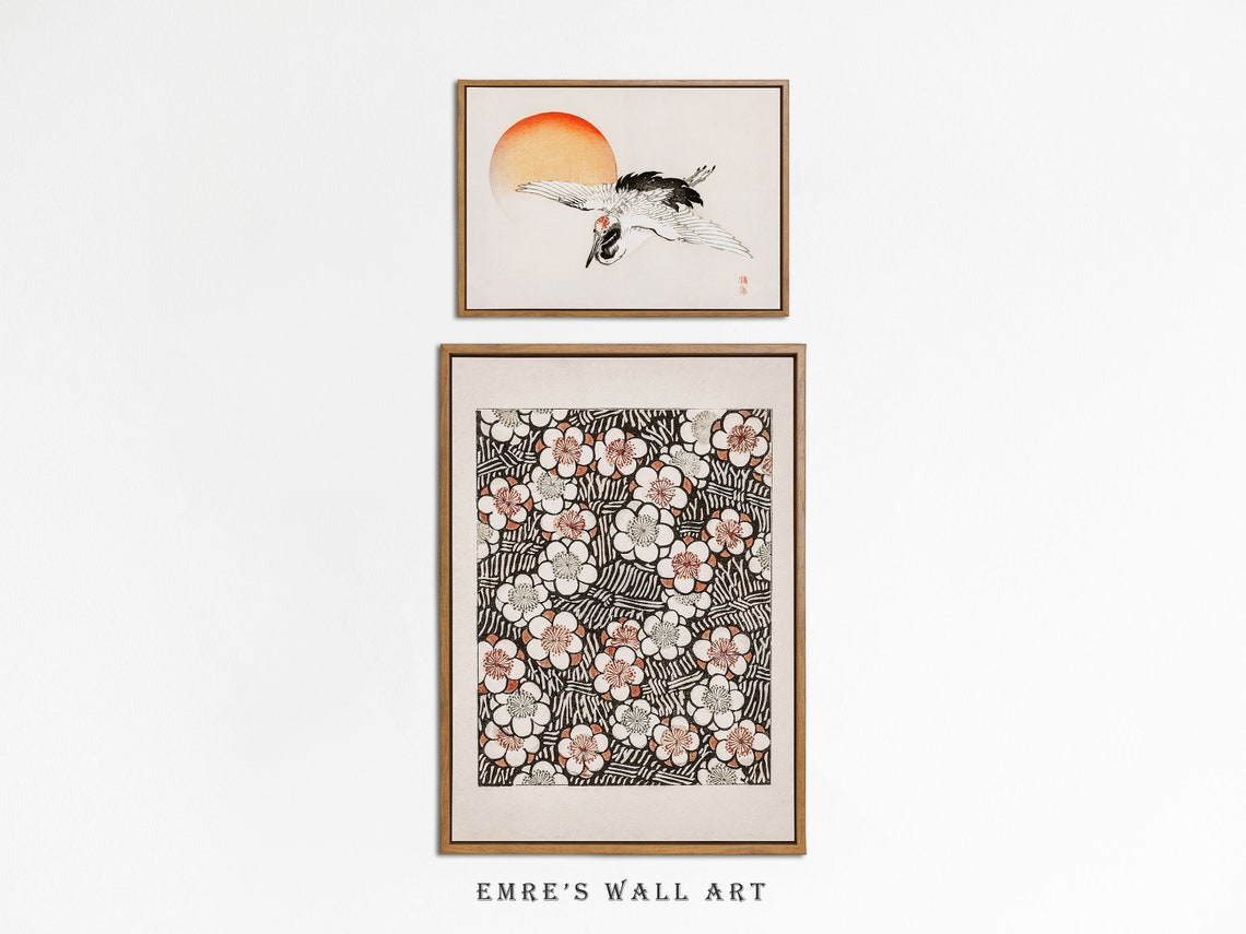 Japanese Crane with Red Sun and Cherry Blossom Pattern Art Set Poster - Image 2