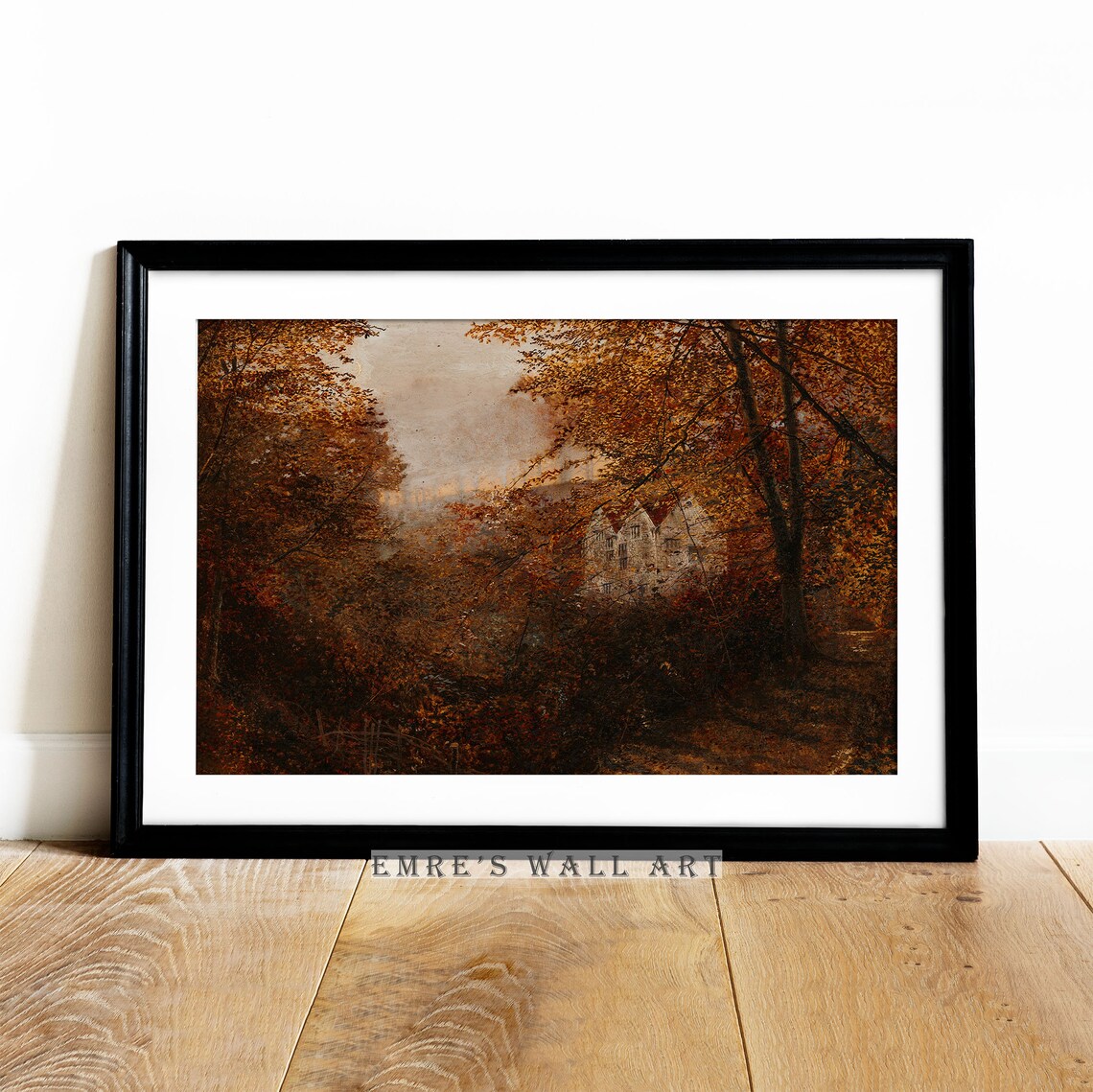 Autumn Cottage Among Russet Foliage Moody Fall Woodland Painting Poster - Image 2