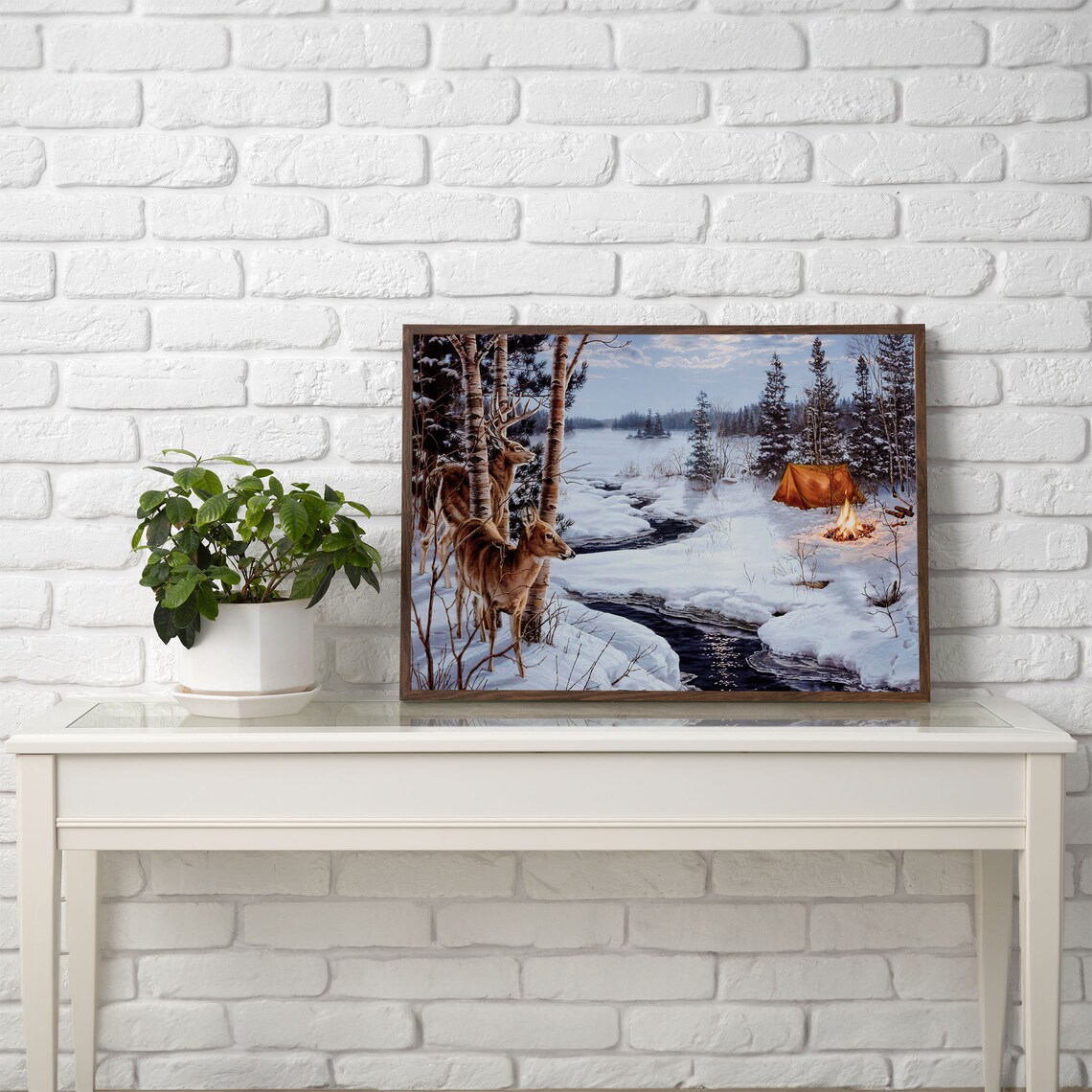 Vintage Winter Deer Oil Painting Art Print - Image 2