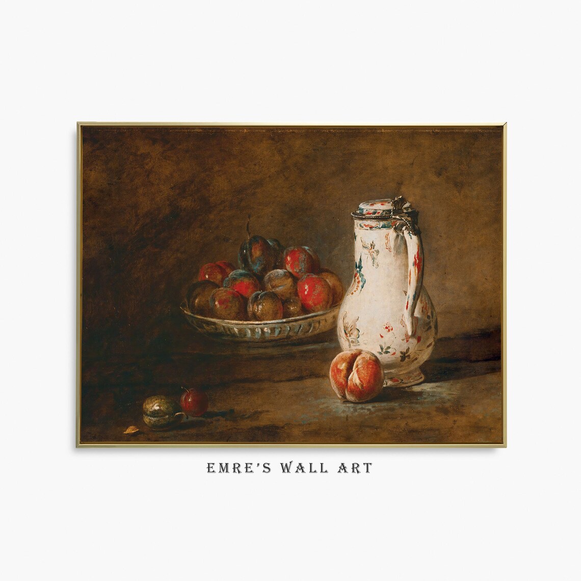 Plum Bowl Porcelain Pitcher Dark Moody Still Life Oil Painting Poster