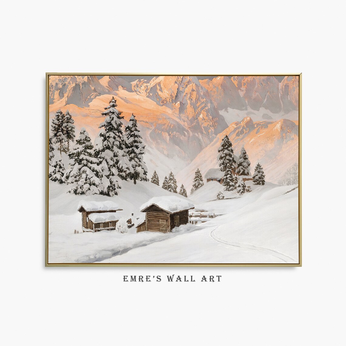 Alpine Cabins Snow Alpenglow Mountain Winter Landscape Painting Poster